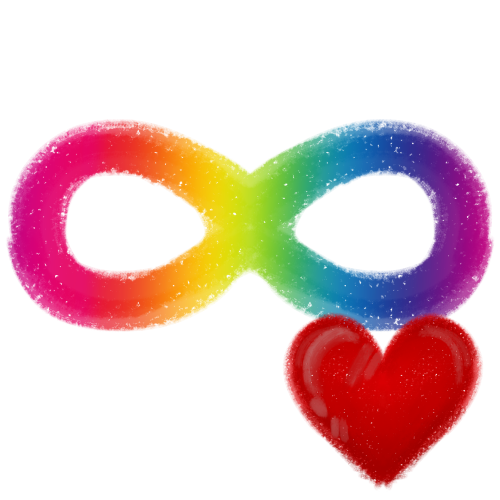 a rainbow infinity symbol with a red heart next to it.